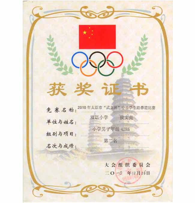 2010年太原市“武龙杯”中小学生跆拳道比赛获奖证书